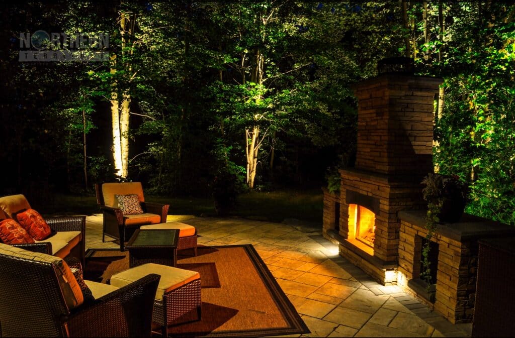 Backyard fireplace and seating area